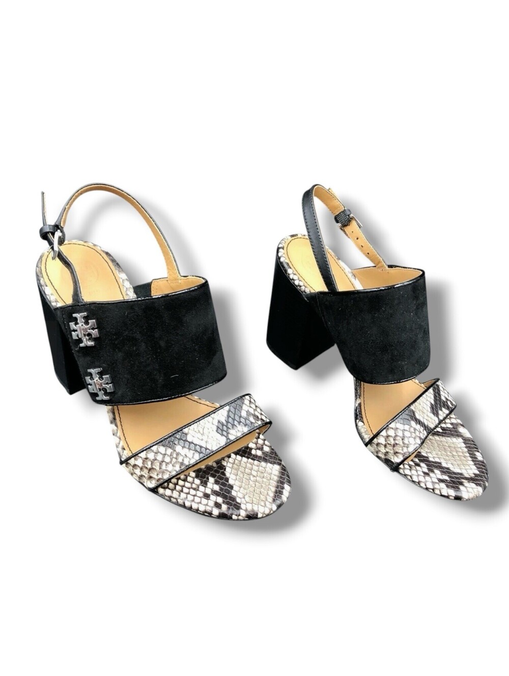 Tory Burch Kira Women’s 7 Black Suede Snake Embossed Block Heel Sandals